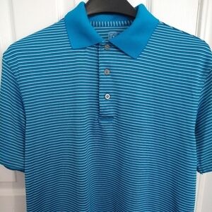 $ 𝅺PGA tour men's teal striped shirt sleeves polo shirt. Size M